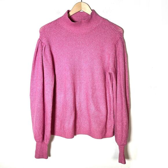 Marled pink mock neck cable knit puff sleeve sweaters size large L B148 - Picture 1 of 4